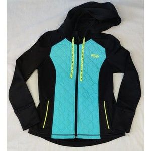 FILA Sport Black/Teal Full Zip Hooded Athletic Jacket Womens Size S Part Lined